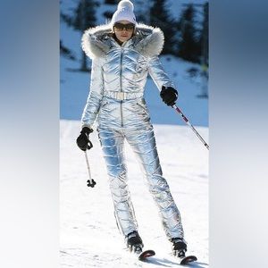 -❄️ Women  SILVER Winter Onesies Ski Suit Fur Collar Ski Jumpsuit Snowsuit *NEW*